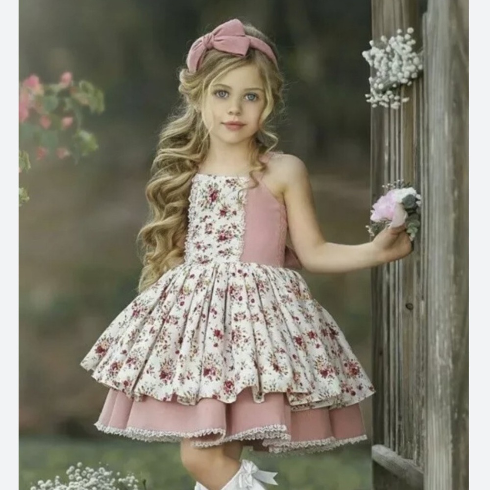Dollcake Pink and Cream Floral Tiered Party Dress for Girls